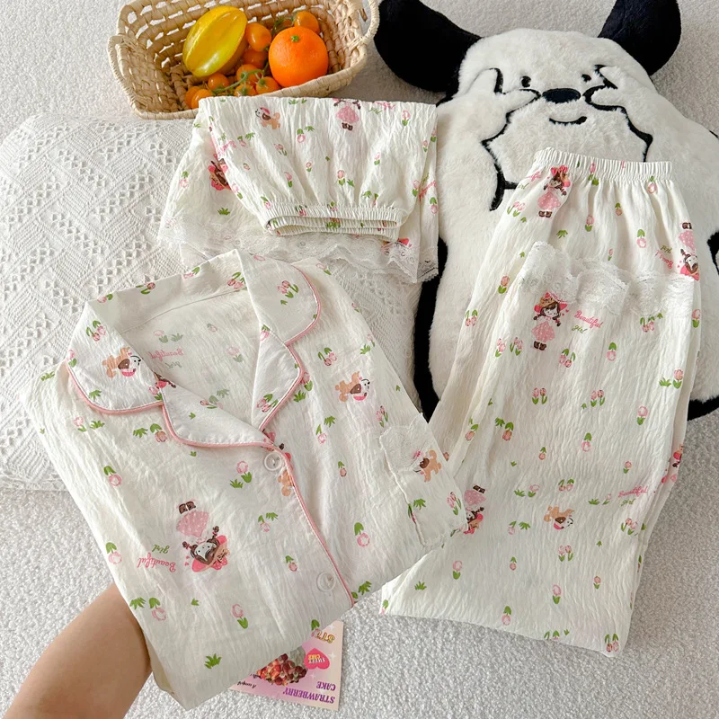 Female Short Sleeve Lapel Cute Little Girl Print Homewear Women Summer Thin Pajamas Three-piece Set Comfortable Sleepwear