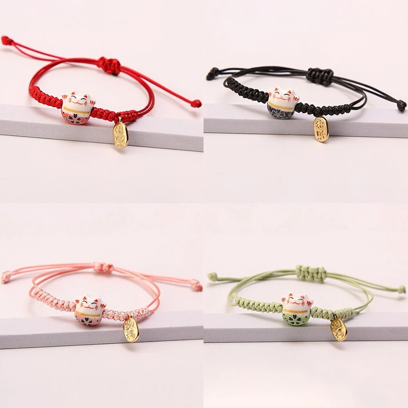 Simples Cerâmica Gato Sorte Pulseira Trançada para Mulheres, Gatinho Animal Bonito, Pulseiras Ajustáveis Tecidas à Mão, Jóias para Festa Harajuku, Presente