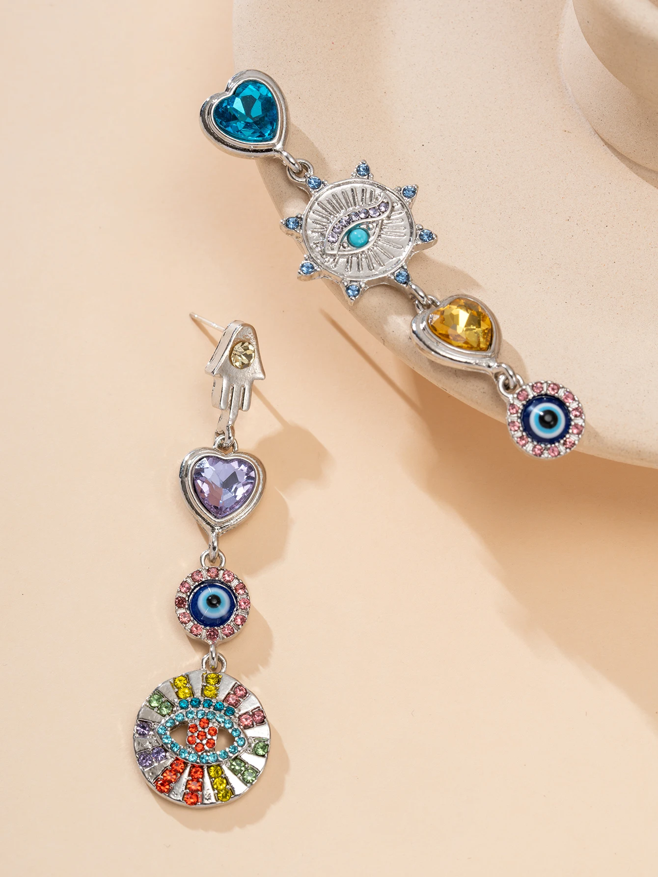 Asymmetrical colorful diamond heart and sun pattern long earrings, Bohemian color-blocking dangling earrings