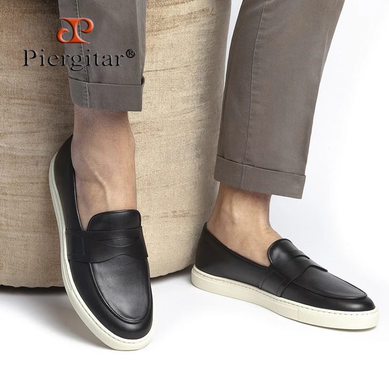 Piergitar 2023 Premium Calfskin Men Sneakers Handcraft Penny Man Casual Shoes Breathable Leather Insole Middle Cut White Bottom