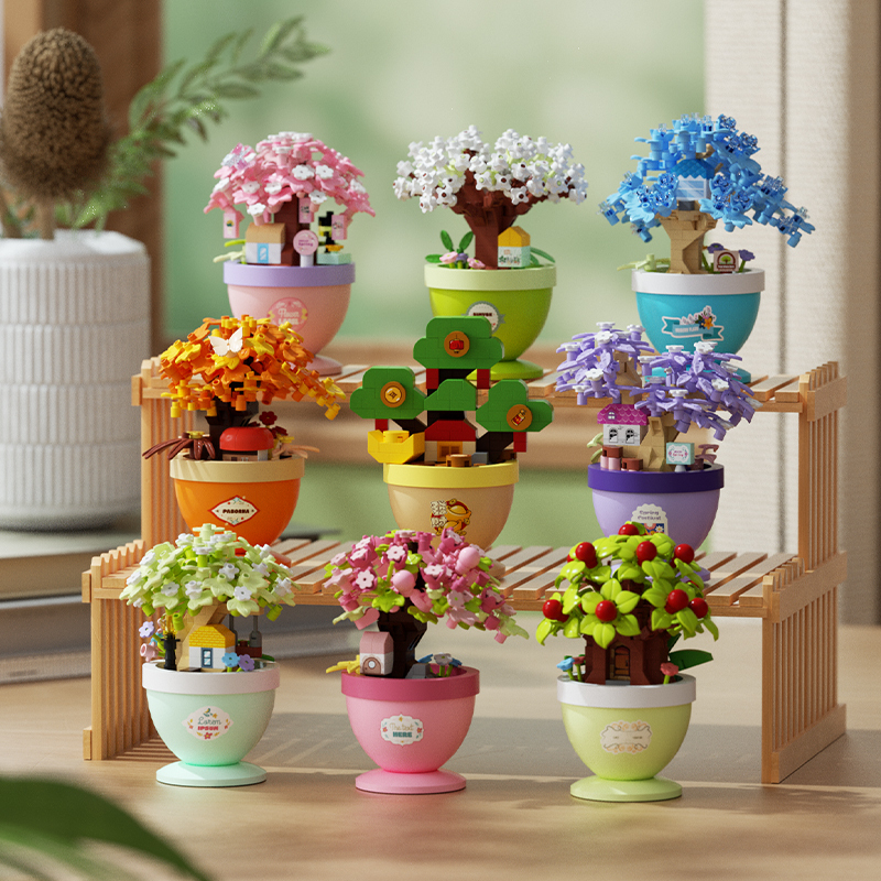  Potted Plants Cherry Blossom Micro Building Blocks,DIY Money-spinner Apple Tree Simulation Potted Tabletop Ornament Girls Gifts 
