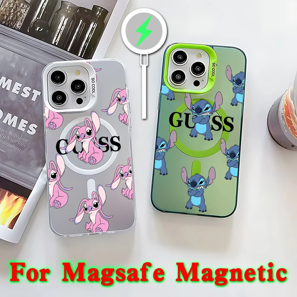 Cute Anime Stitch Magsafe Magnetic Phone Case for IPhone 11 12 13 14 15 16 Pro Max Plus Lens Creative Border Silver Plated Cover