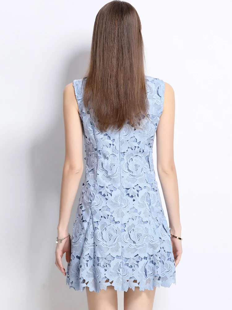 Luxury Hollow out Water-soluble lace dress Slim Women Rhinestone O-neck Sleeveless Mini dress Embroidery Lady vestidos 5D105