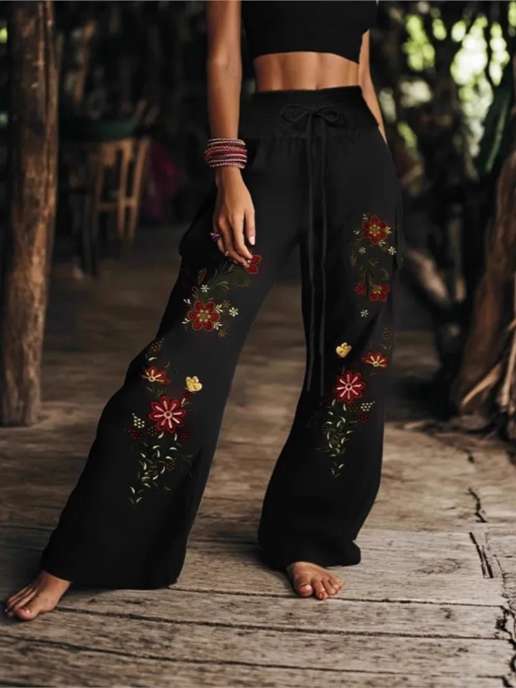 Leisure Flower Print Pant For Woman Spring Autumn Fashion Elastic Waist Lacing Design Trousers Ladies Hot Style Versatile Pants