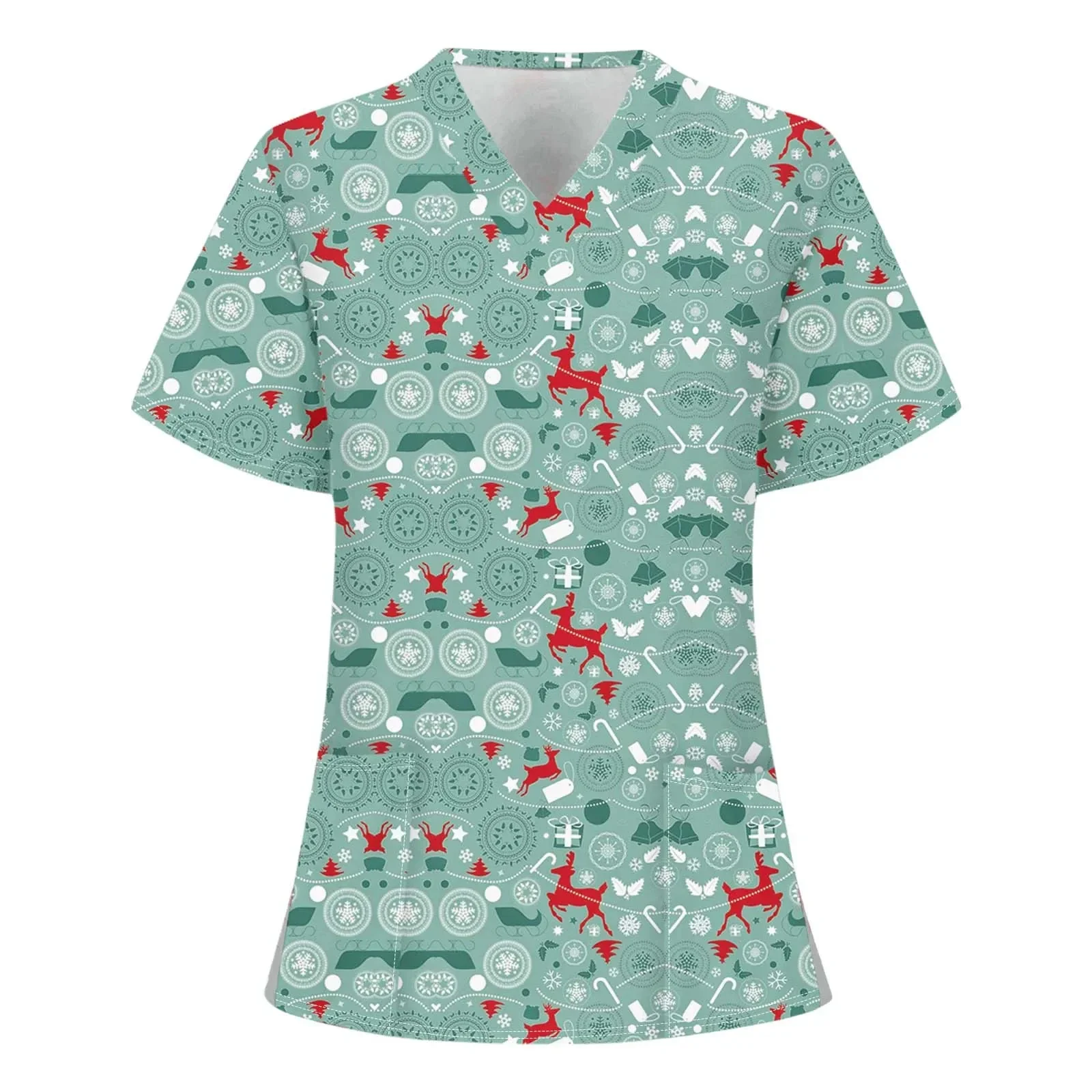 クリスマス臨床ユニフォーム女性サンタクロース漫画プリント歯科スクラブトップス V ネック半袖ポケット付きナースユニフォーム女性