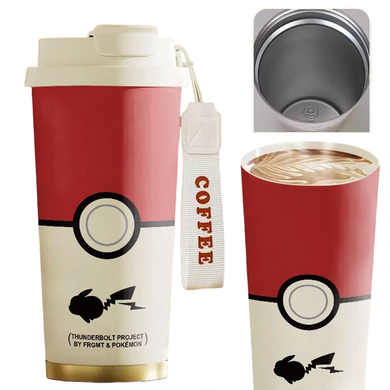

520ML Pikachu Travel Coffee Mug Stainless Steel Portable Thermal Mug Leakproof Tea Coffee Cup Car Vacuum Flasks Handle