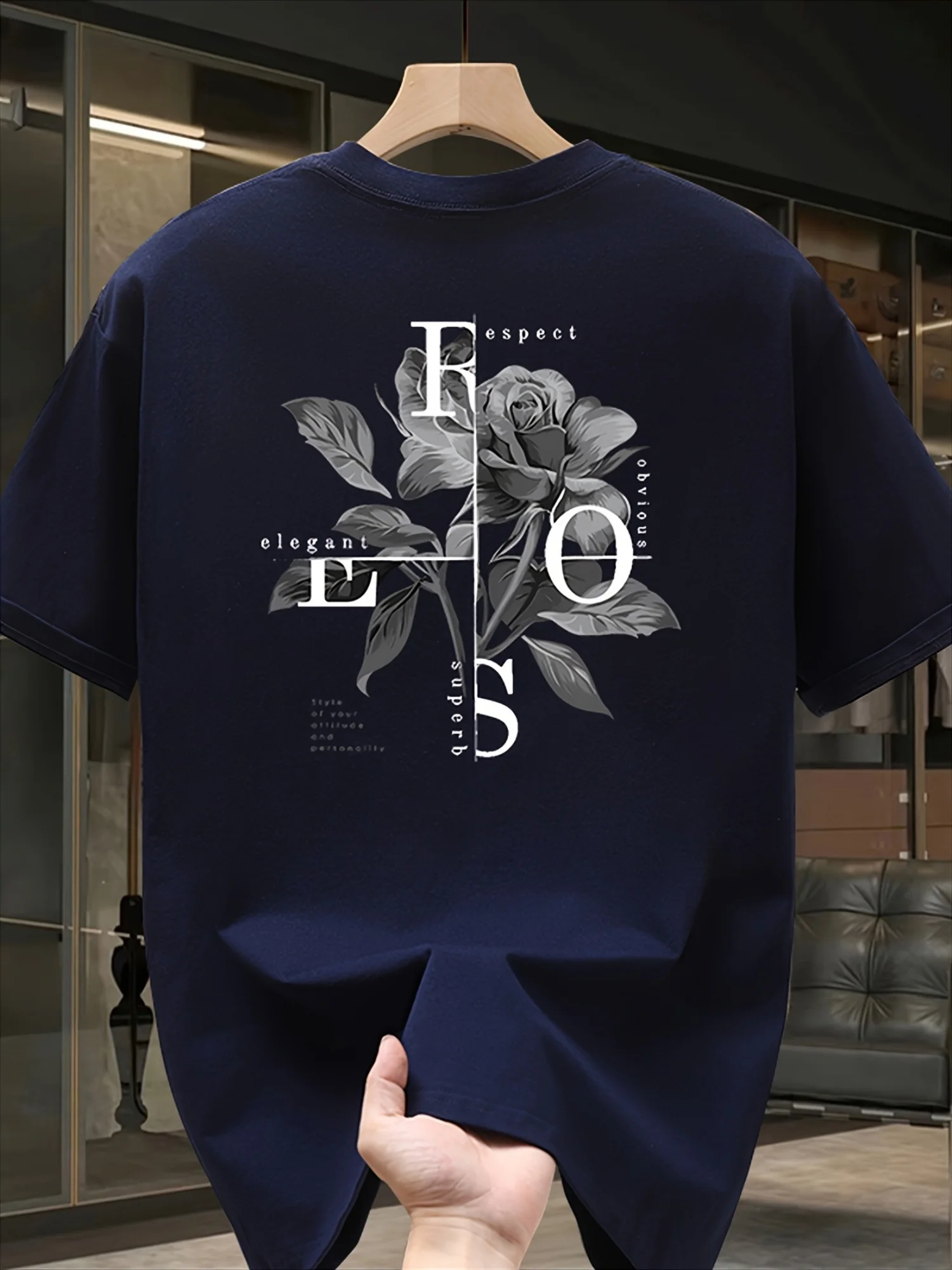 Stylisches Herren-T-Shirt, 100% Baumwolle, Bedrucktes Rosenmuster, Lässig, Bequem, Vielseitig, Trendig, Locker Geschnitten – Detail 4