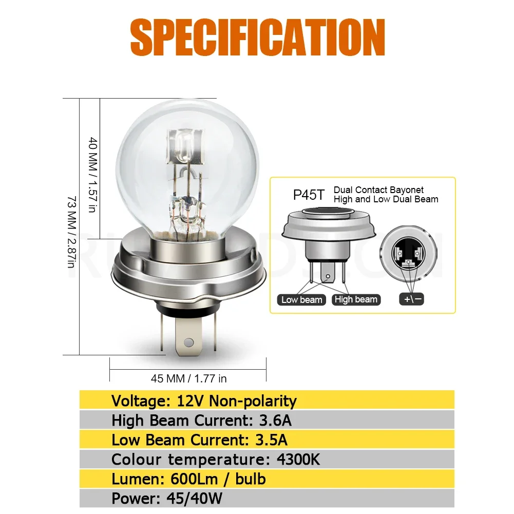 RUIANDSION 2x P45T G40 Halogen 12V 40W 45W Globe Headlamps Bulbs for ATV Moped Scooter UTV Warm White Yellow White