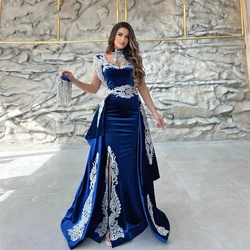 Blue Moroccan Caftan Formal Evening Dresses Mermaid Velvet Appliques Cap Sleeves Prom Dresses Arabic Party Dresses Customized