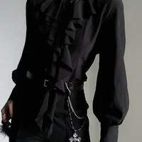 Harajuku Vintage Black Bottoming Shirt Women Stand Collar Ruffles Slim Blouses Japanese Victorian Long Sleeve Blusas De Mujer 4