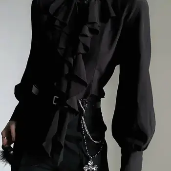 原宿復古黑色打底襯衫 女款立領荷葉邊修身襯衫 日式維多利亞長袖女襯衫 6 最佳銷售 維多利亞時代的服裝 - №6