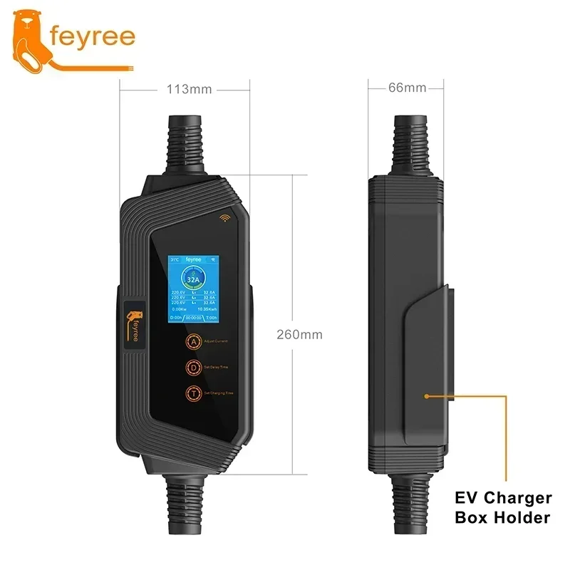 Feyree 22KW 32A 3 Fase Type2 Carregador EV Portátil Wi-Fi APP Controle EVSE Caixa de Carregamento com Plugue AU 5 pinos para Carregador de Carro Elétrico