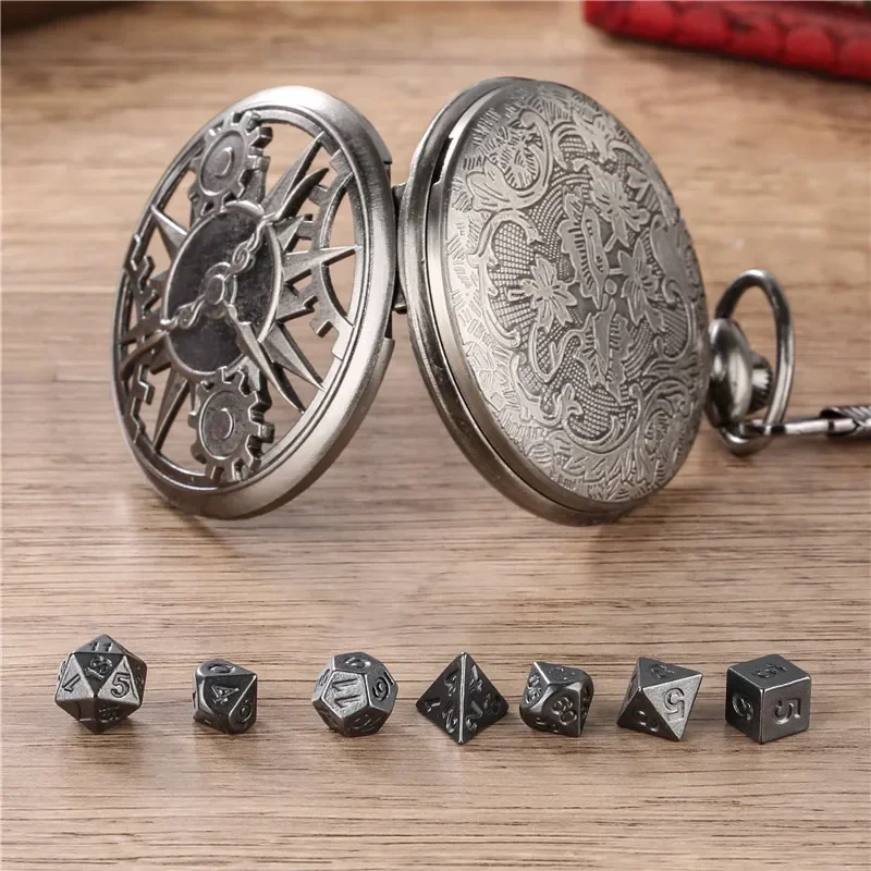 Steampunk 7pcs/set Metal Polyhedral Dices Hollow Out Gear Cover Pocket Watch Case FOB Chain Role Playing Board Games Accessories