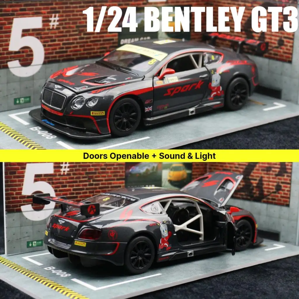 1/24 Bentley Continental GT3 Racing 1:24 Diecast Alloy Toy Car Miniature Model Free Wheels Sound & Light Collection Gift For Kid