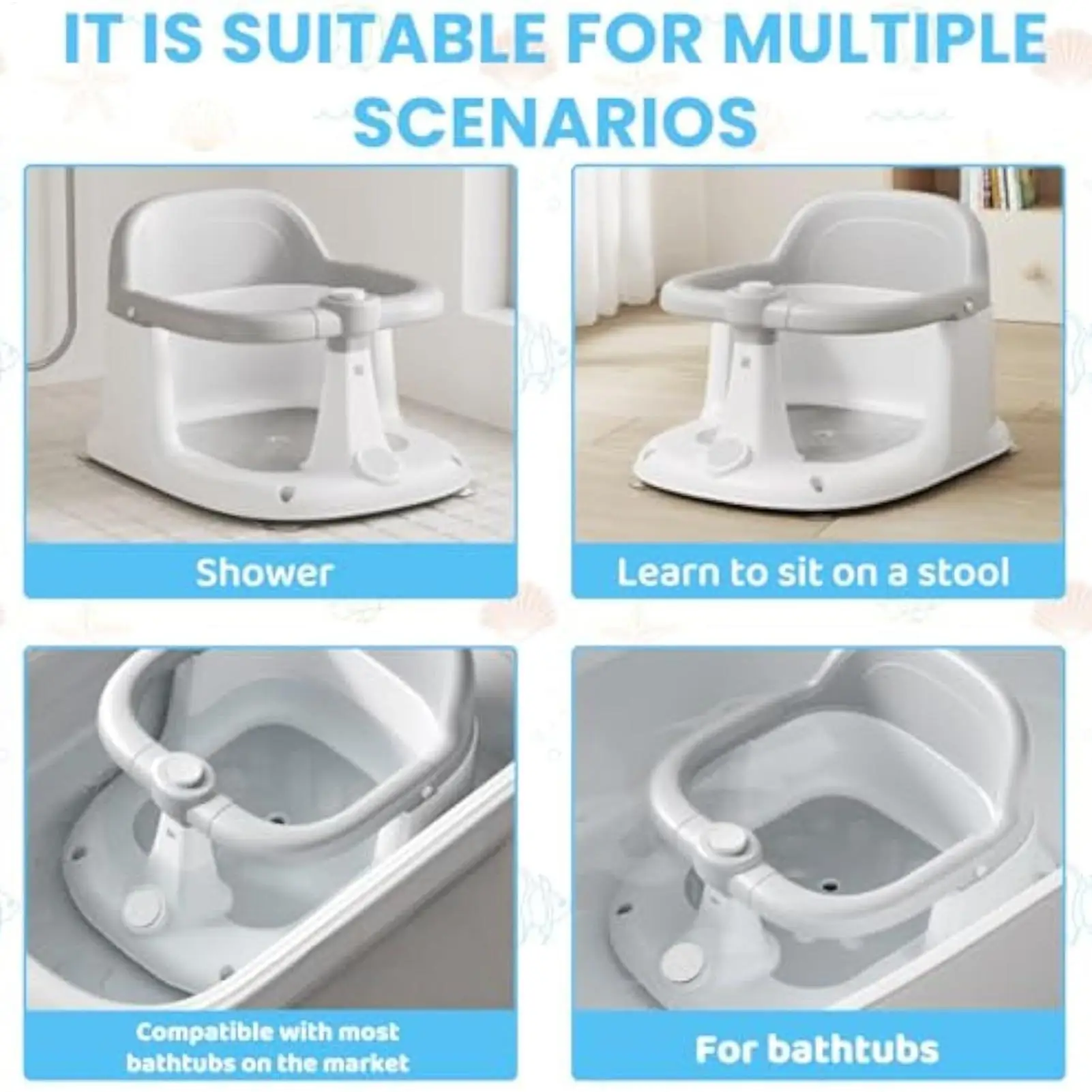 Sitting Bath Seat For Baby Sit Up Portable Toddler Bathing Chair Quick-Drain Baby Bath Support Non-Slip Seat For 1-3 Years Old