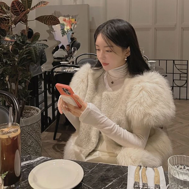 Colete de Pele Retro Doce Novo Estilo Outono Inverno East Gate, Casaco de Pele de Raposa Pesado com Estilo Coreano Solto para...