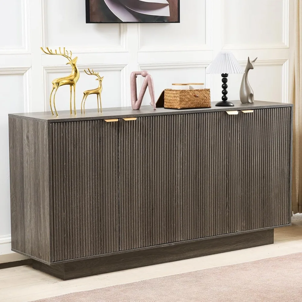 

63''Large Fluted Sideboard Buffet Cabinet, Modern Buffet Table Coffee Bar Wine Bar Storage Cabinet with 4 Doors for Dining Room,