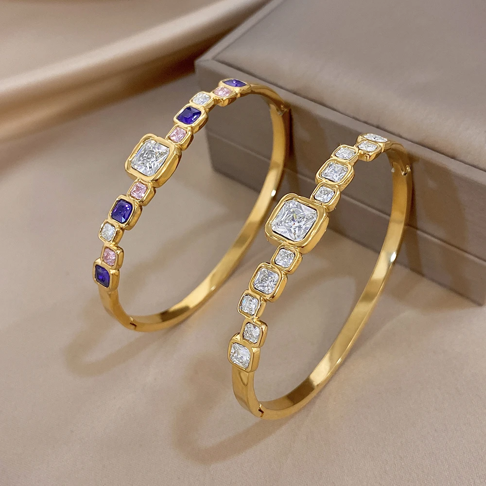 Luxury Square Colorful Crystal Zircon Bangle Set for Women Gold Color Stainless Steel Open Cuff Bracelet Waterproof Jewelry Gift