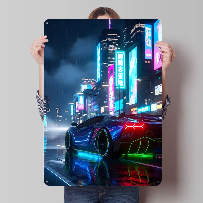 Cyberpunk in Rainy Cityscape Car Metal Poster Custom Wall Art Retro Vintage Tinplate Signs for Man Cave Home Decor Items Room