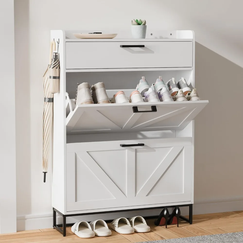 Freestanding Shoe Storage Cabinet with 3 Drawers, 44.9 High x 31.5 Wide, Entryway Shoe Rack Organizer featuring Side Hooks