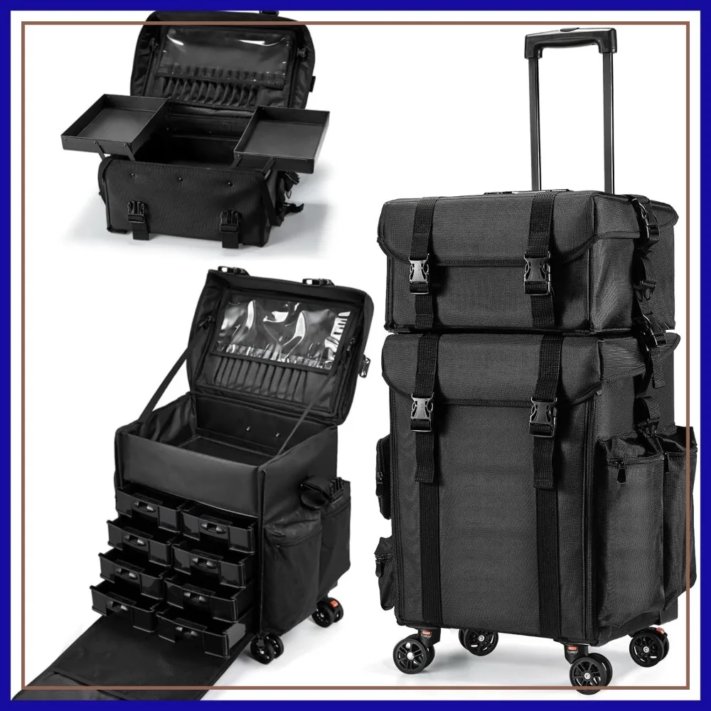 

Rolling Makeup Case on Wheels, 2-in-1 Hair Tool Organizer, Large Cosmetic Trolley for MUA/Hairstyling/Home-care/Groomer, Black