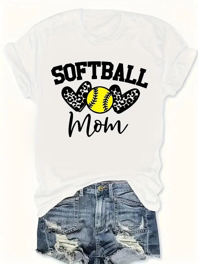 Women's Softball & Baseball T-Shirt - Two Hearts Letter Print Round Neck Casual Tee, Machine Washable For Games, Year-Round
