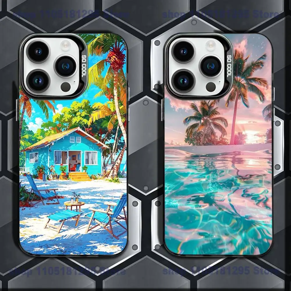 

Sea Tropical Palm Trees Beach Phone Case IMD Phone Case For IPhone 17,16,15,14,13,12,11 Pro Max Plus Color Silver Cover