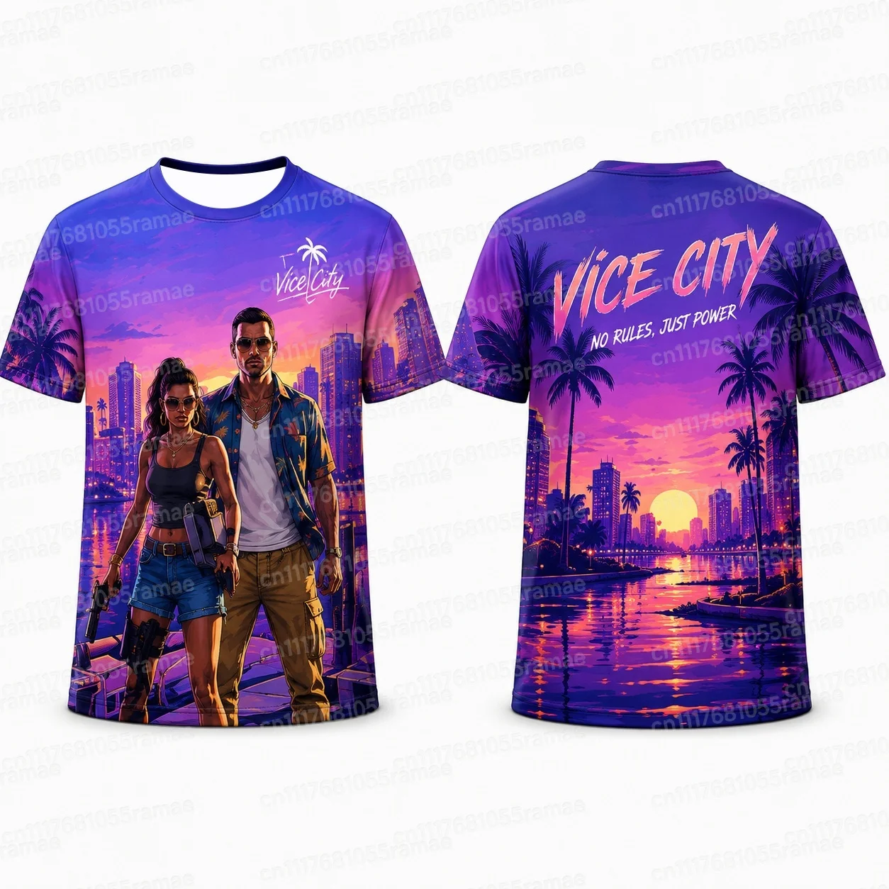 Vice City Retro Synthwave T-Shirt mit beidseitigem Aufdruck, Unisex, Miami-Palmenmuster, Sport-T-Shirt, atmungsaktives Mesh-Material, schnelltrocknend, Streetwear-Oberteil. – Detail 7