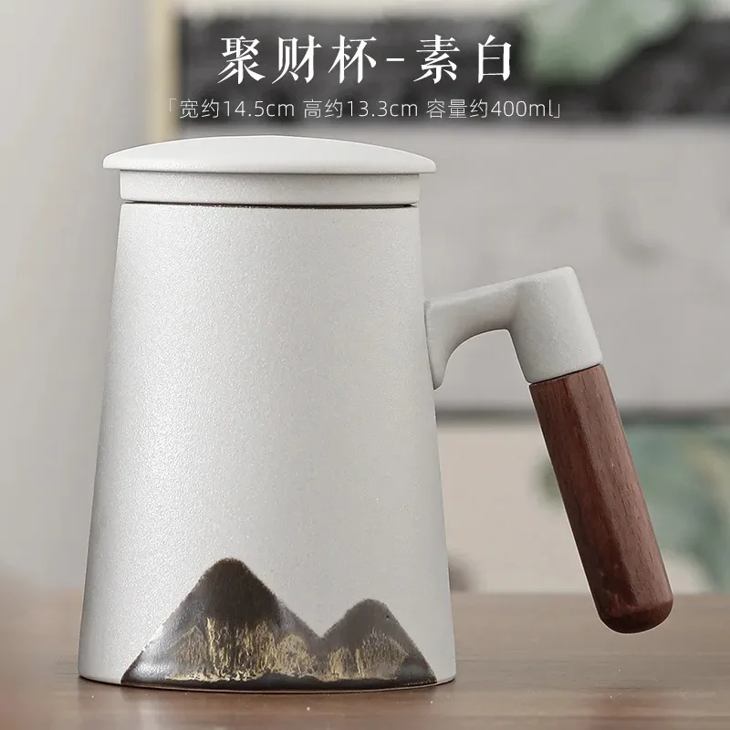 Glaze Painted Hand Painted Mug Wood Handle Ceramic Teacup with Lid Filter Three-piece Set Large Office Household Mug Tea Service