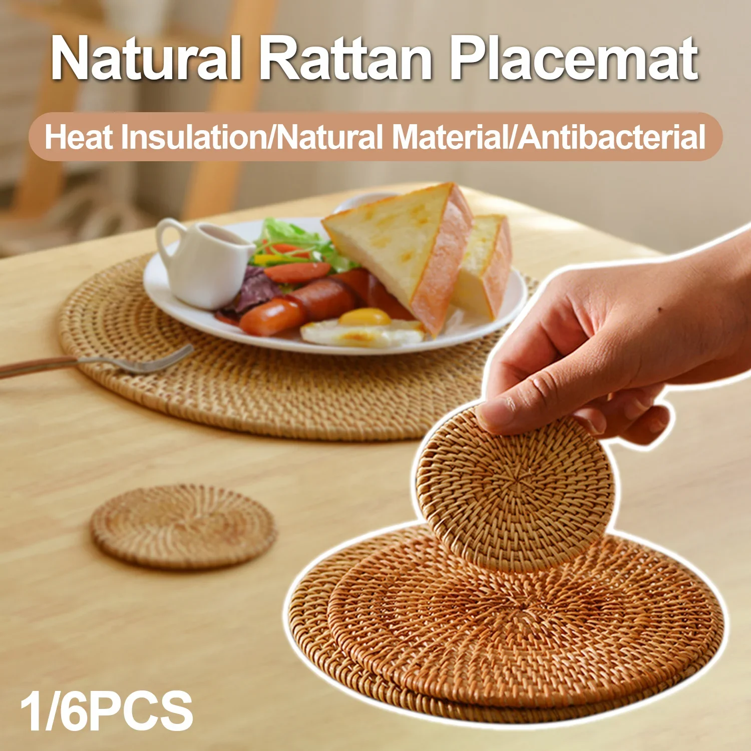 Handwoven Rattan Coaster 1PC/6PC Round Natural Woven Rattan Cup Coaster Drink Mug Pot Tea Coffee Placemat Kitchen Accessories