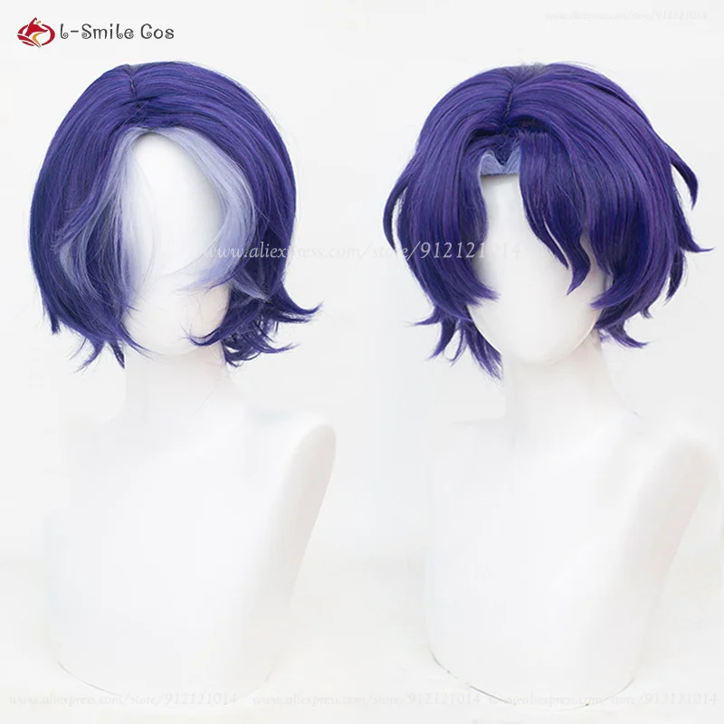 HSR Dr. Ratio Anime Cosplay Peruca, Destaques Azul Roxo, Dr Veritas Ratio Intelligence Guild, resistente ao calor, cabelo sintético, 35cm