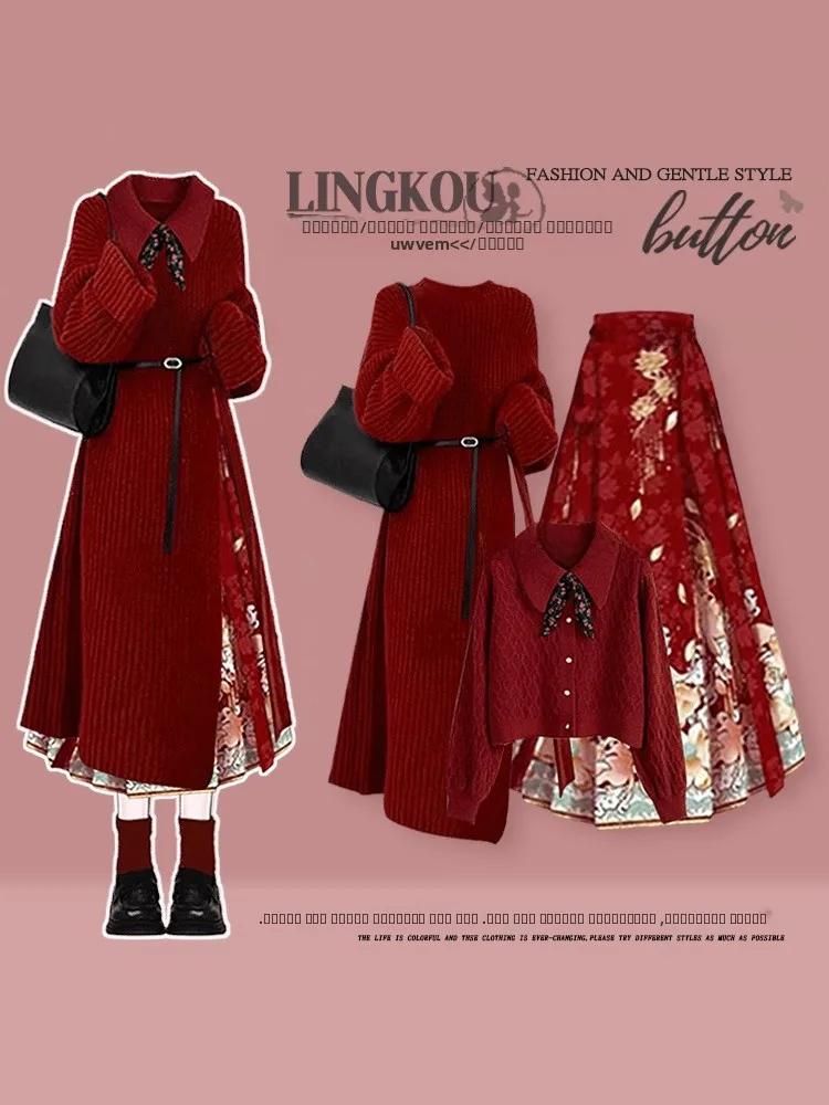 

Anti-Aging Large Size Knitted Sweater Set for Women New Year Red Base irt Match Traditional Chinese Face Skirt Tee-...