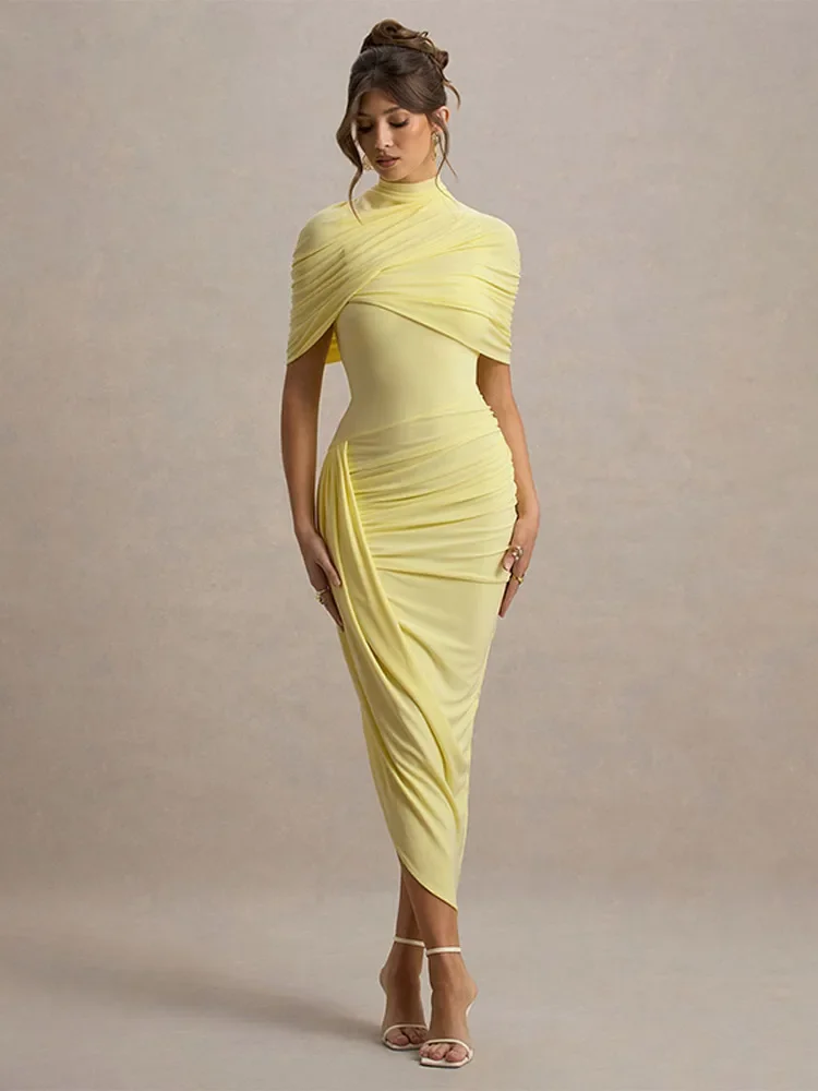 

Women Solid High Neck Pleated Maxi Dress Slim Fit Waist Cinching Backless Long Dress Lady Summer Elegant Party Vestidos 2025