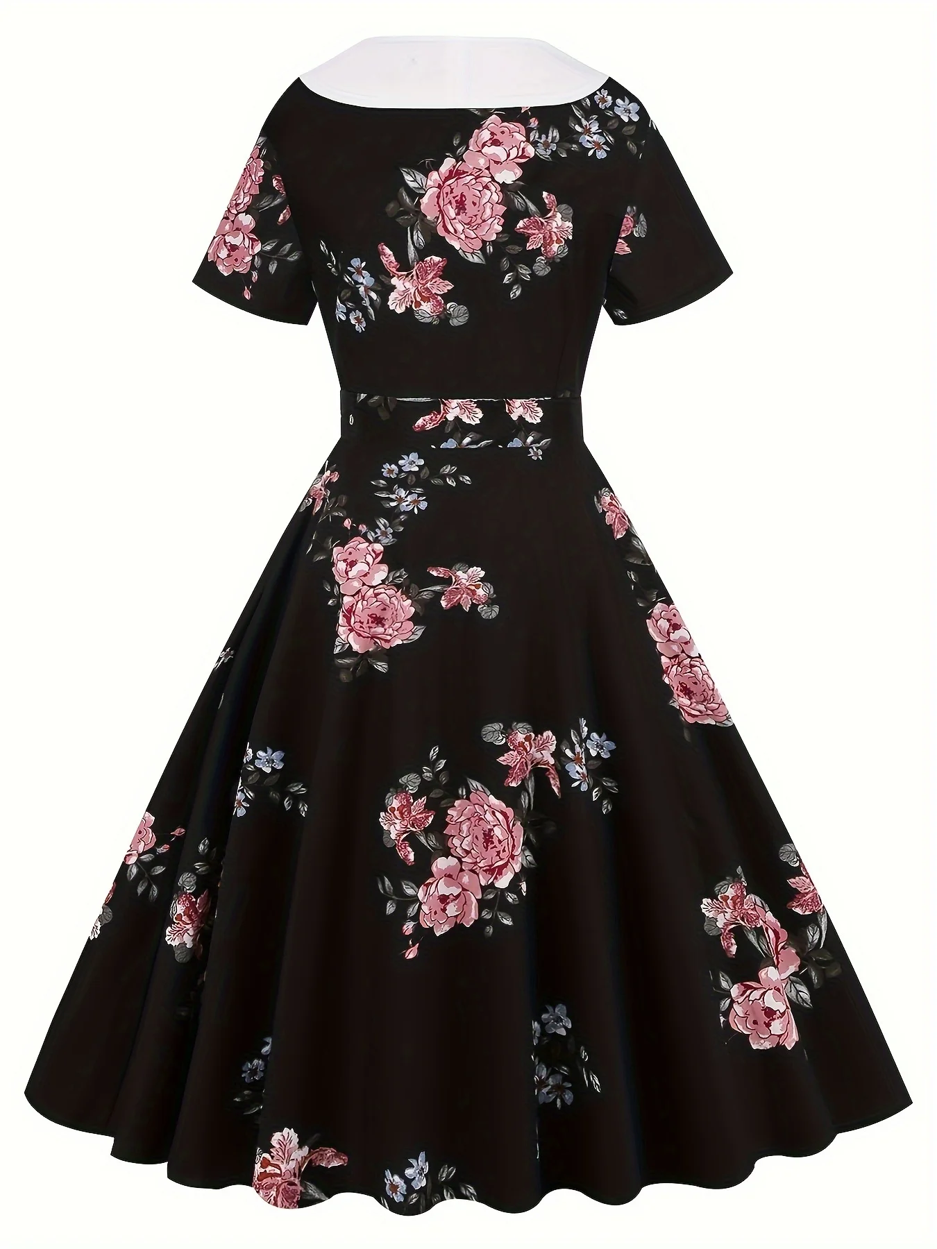 Print 50S-Inspired Floral Cocktail Dress with Belt - Cotton Blend, Machine Washable, Perfect for All Seasons