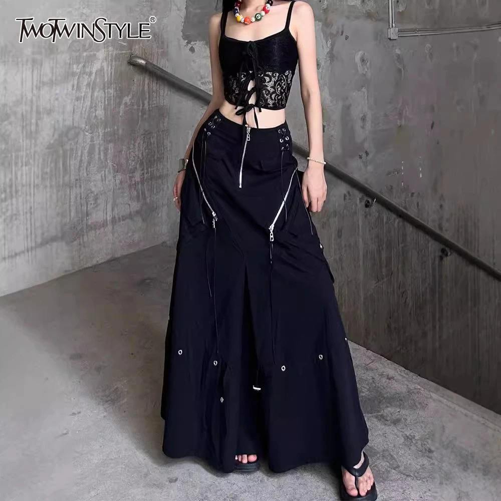 TWOTWINSTYLE Solid Spliced Zipper Skirts for Women High Waist Temperament Minimalist Patchwork Zipper Skirt Female