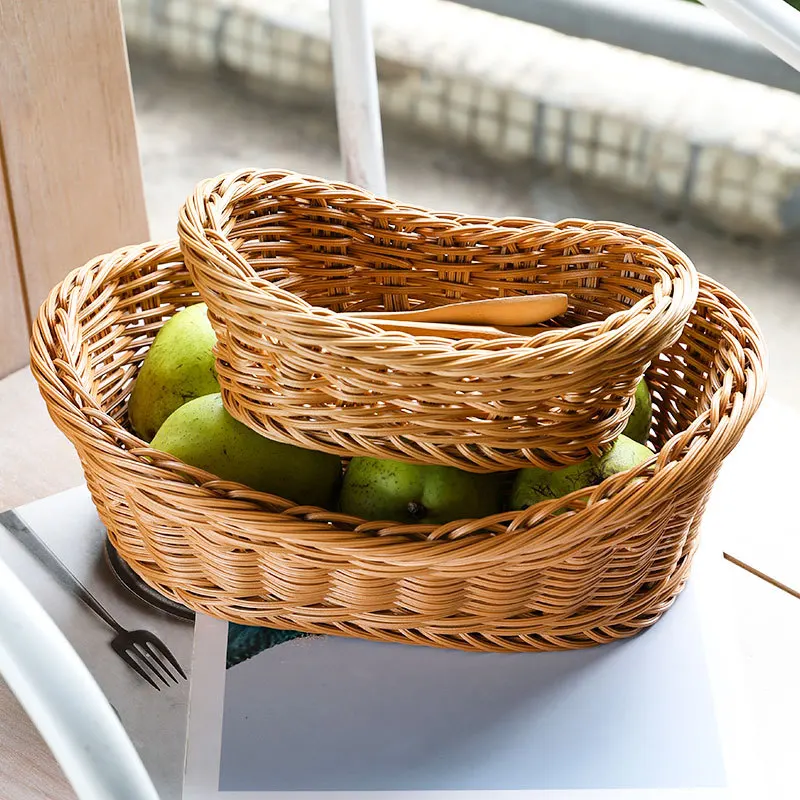 Oval Rattan Woven Storage Basket Bread Fruit Food Storage Tray Knife And Fork Baskets Breakfast Display Box Home Decoration