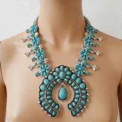 2026 New Boho Ethnic Turquoise Resin Necklace Earrings Women Jewelry Sets Indian Retro Baroque Statement Squash Pendant Necklace