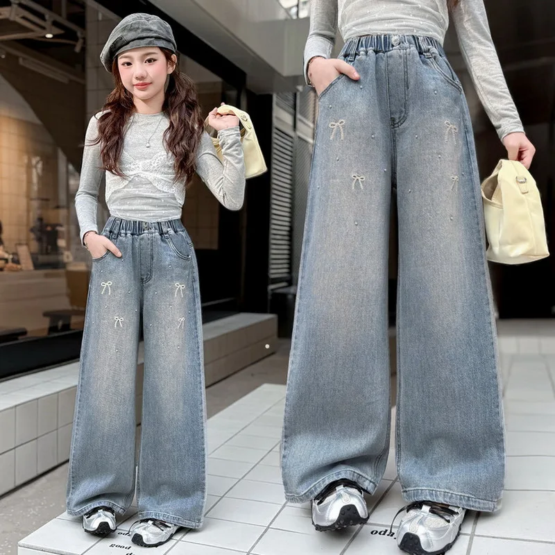 Kids Straight-leg Denim Pants with Bow Embroidery Beaded Grils Casual Wide-Leg Jeans Child Spring Fashion Korean Loose Trousers