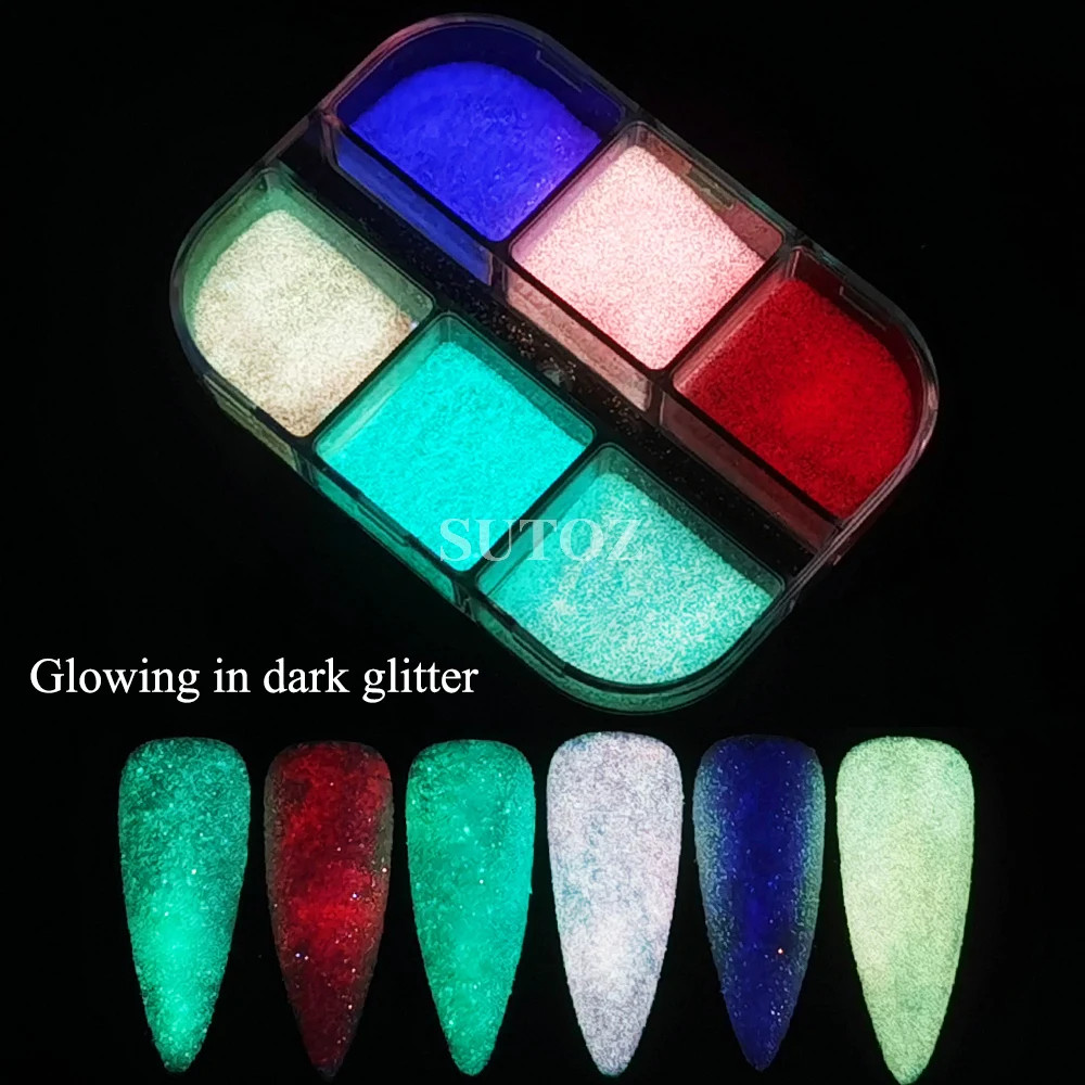 Glow In Dark Nail Glitter Poeder Lichtgevend Pigment Sparkle Suiker Zand Roze Blauw Wit Dompelen Poeder Manicure Decor Vlokken 6G-Syg