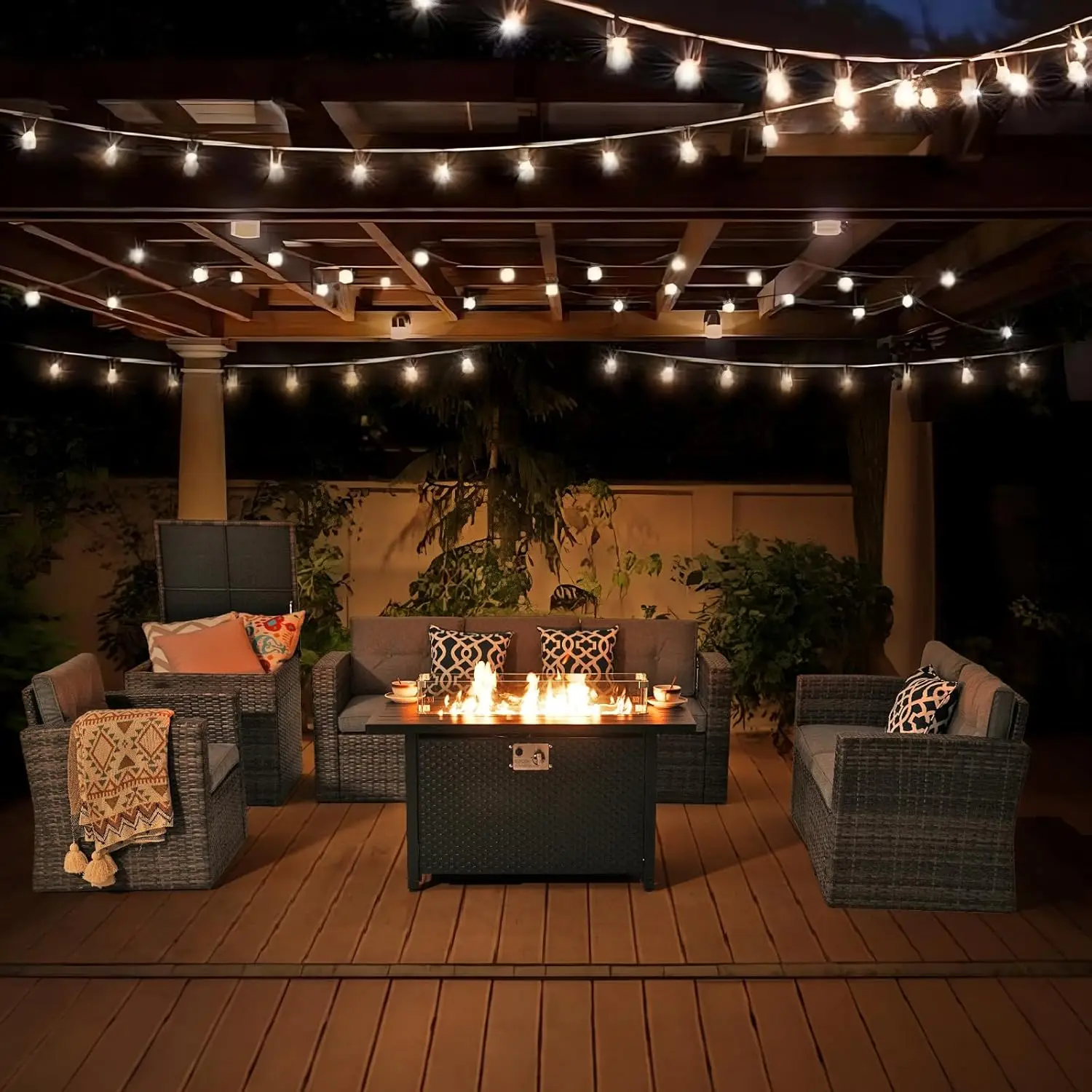 8 Pieces Patio Furniture Set with Fire Pit Table, Outdoor Patio Conversation Set, PE Wicker Sectional Sofa Set