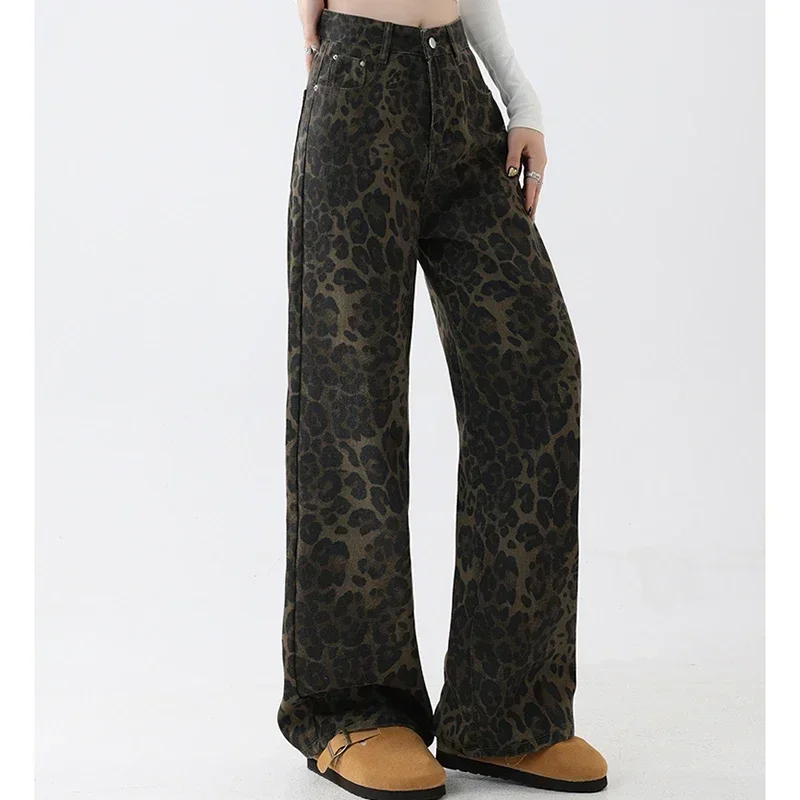 Mujer americana de cintura alta moda espesar Jeans mujer térmica holgada pantalones de pierna ancha niñas Cool diseñador leopardo Denim pantalones