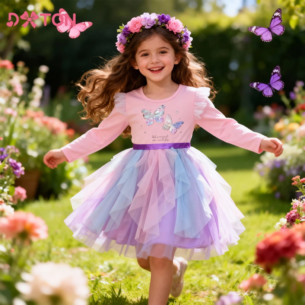 DXTON Children Fairy Princess Outfits Irregular Mesh Girls Dresses Butterfly Sequin  Toddler Vacation Dress Girls Autumn Clothes