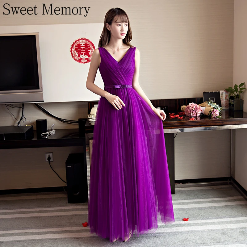 Simple Purple Bridesmaid Dresses Princess Floor Length Lace Up Back Tulle Wedding Party Dress Can Custom Made Color And Size