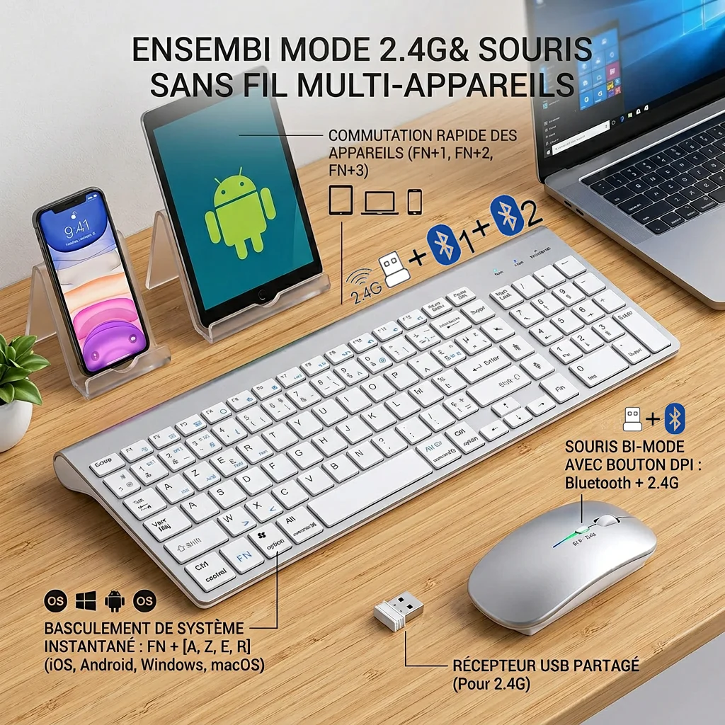 Wireless French Keyboard Mouse Combo AZERTY Layout Dual Mode 2.4G & Bluetooth USB Compact for MacOS Laptop Desktop iOS Windows