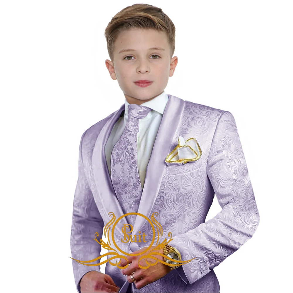 Boy 2 Piece Jacquard Dress Suit One Button Tuxedo Blazer Pants Set Kids Wedding Suit