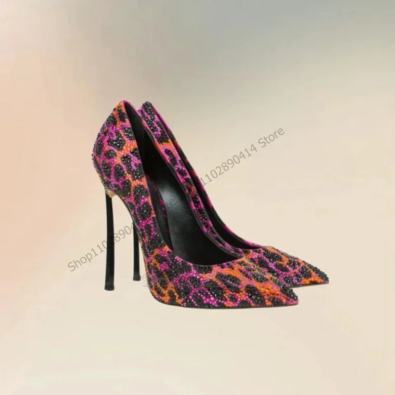Leopard Print Rhinestone Decor Pointed Toe Pumps Slip On Women Shoes Thin High Heels New Dating Banquet 2026 Zapatos Para Mujere