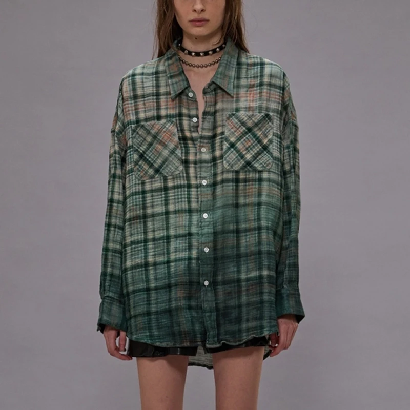 

Рубашка в клетку в стиле ретро, свободного кроя, с эффектом похудения, с воротником, длинными рукавами, женская, модная, повседневная, дышащая, удобная рубашка