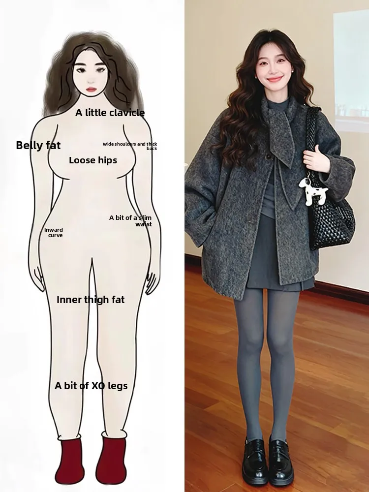 

Gray Woolen Coat And Short Skirt Set plus Size Comfortable Lazy Style Autumn Winter Fashionable Two-Piece Suit for Women