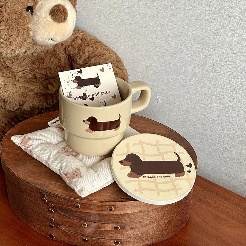 Cute Puppy Cartoon Cup with Coaster, Cute Dachshund Cup Mat Ceramic Mug, Water cup, Breakfast Milk Mug Creative Christmas Gift