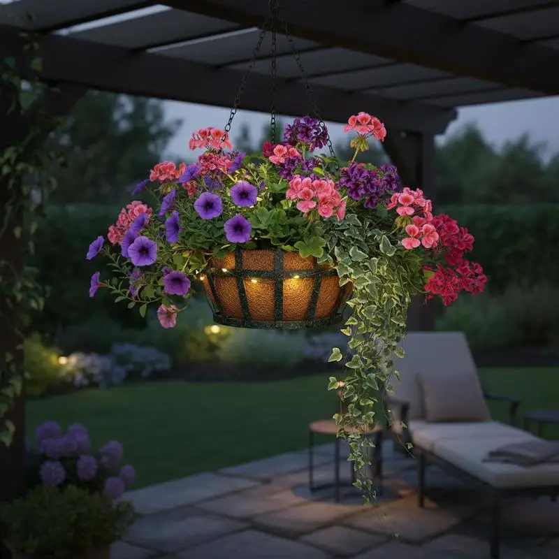 Ensemble de 3 paniers à fleurs avec support métallique et lampes solaires LED, 109 cm